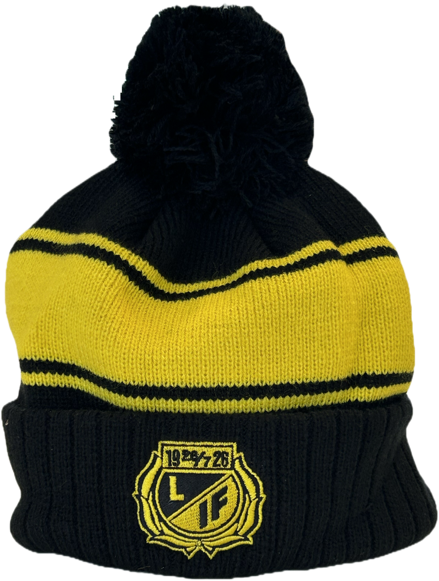 Stickad tofsmössa med gul logga och gula ränder